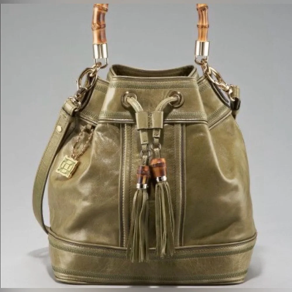 Gold Milly Bamboo Handle Drawstring Purse Handbag
